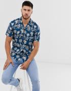 Pull & Bear Revere Collar Shirt In Palm Tree Print - Blue