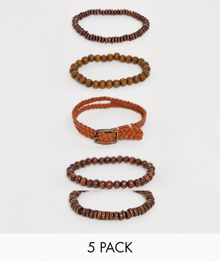 Asos Design Tan Leather And Beaded Bracelet Pack - Tan