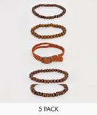 Asos Design Tan Leather And Beaded Bracelet Pack - Tan