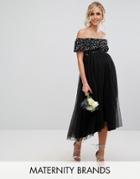 Maya Maternity Bardot Midi Dress In Tonal Delicate Sequin With Tulle Skirt - Black