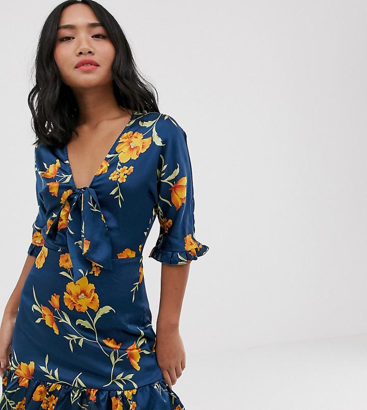 Parisian Petite Tea Dress With Tie Front In Navy Floral