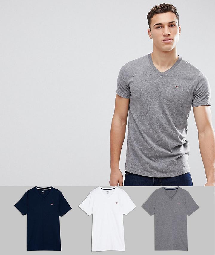 Hollister 3pack T-shirts With V-neck In White/gray/navy - Multi