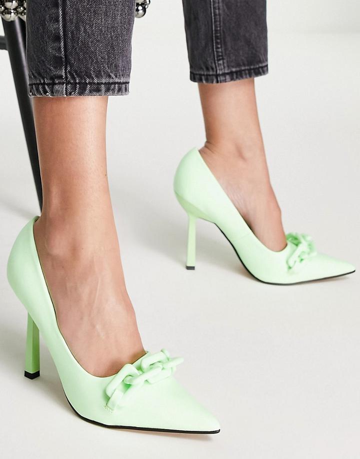 Asos Design Perla Chain Detail High Heeled Pumps In Lime-green