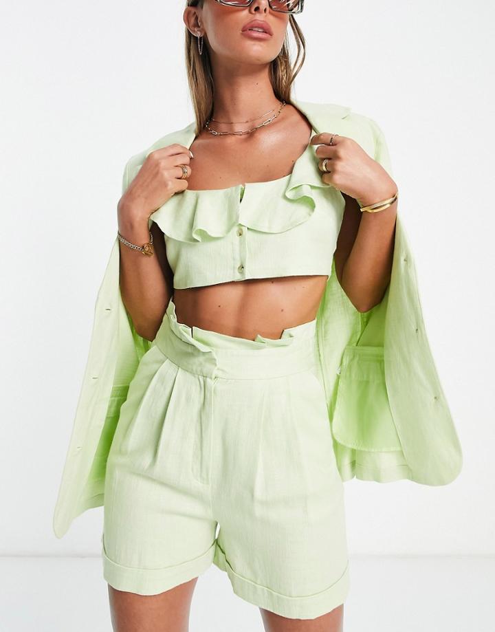 Asos Design Linen Paperbag Waist Suit Shorts In Lime-green