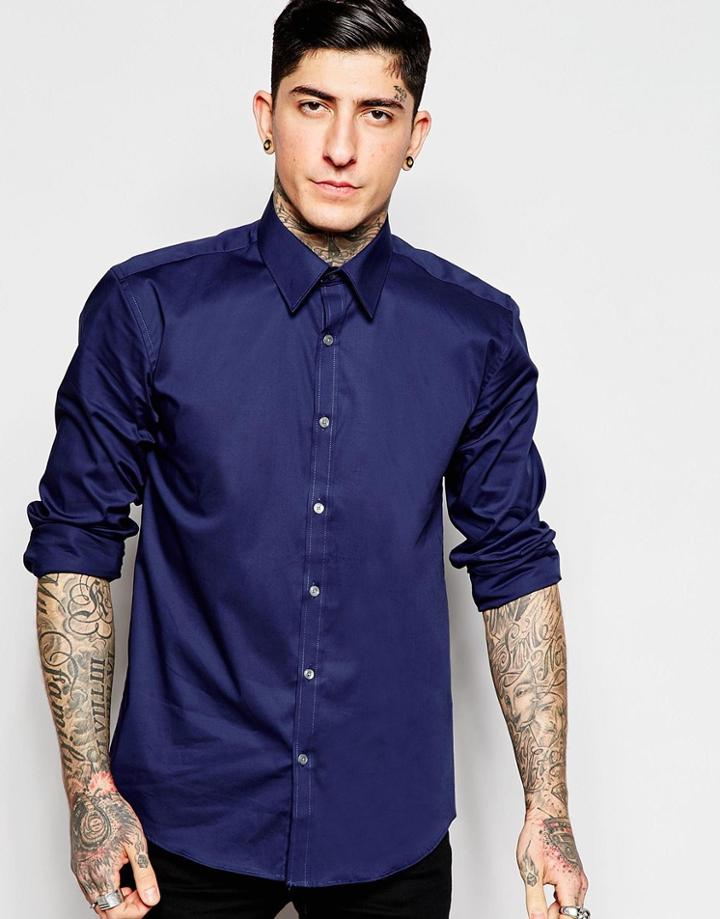 Lindbergh Shirt In Stretch Poplin Slim Fit - Navy