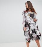 Religion Plus Long Sleeve Layered Midi Dress In Oversized Floral - Multi