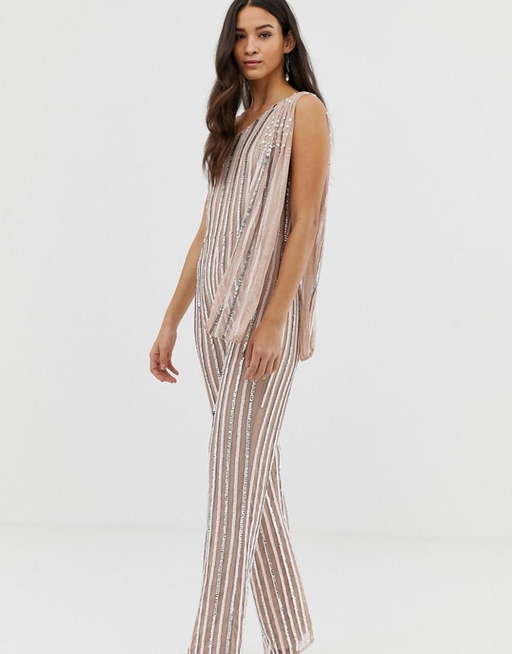 Dolly & Delicious Embellished One Shoulder Embellished Jumpsuit With Shoulder Cape Detail In Silver - Silver