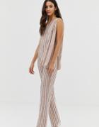 Dolly & Delicious Embellished One Shoulder Embellished Jumpsuit With Shoulder Cape Detail In Silver - Silver