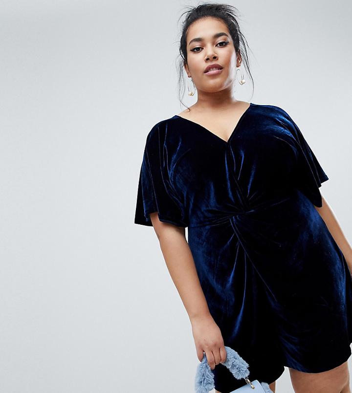 Lost Ink Plus Twist Front Romper With Kimono Sleeves In Velvet - Navy