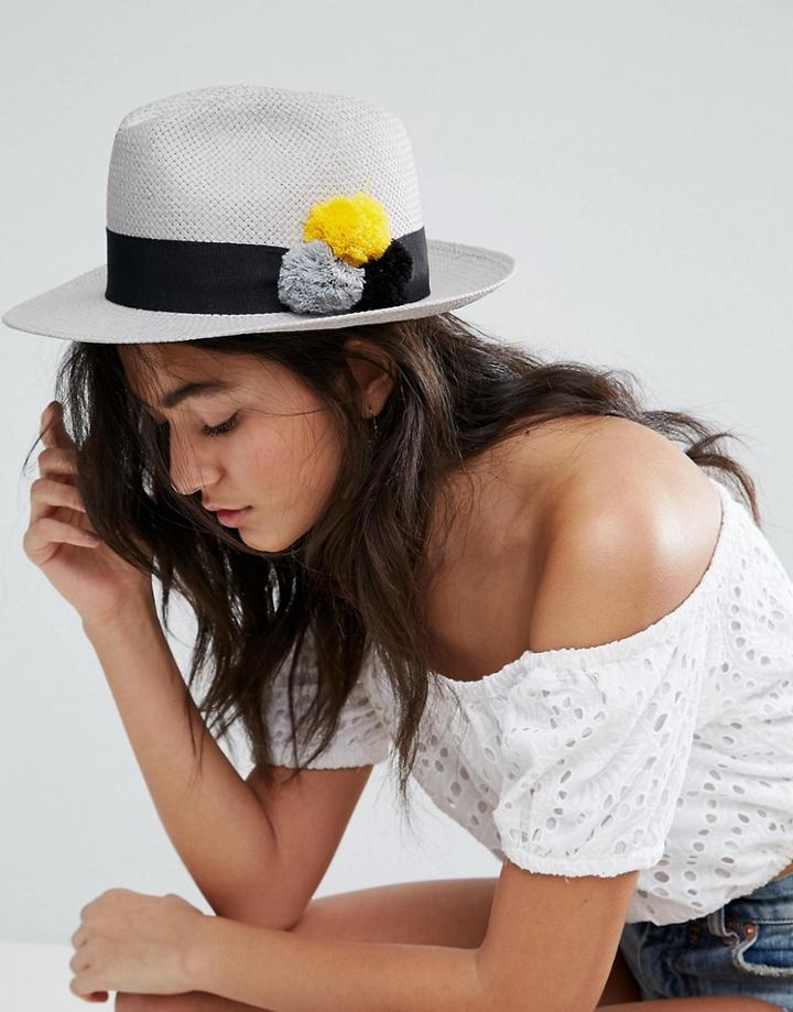 Helene Berman Gray Trilby With Multicoloured Pom Poms - Gray