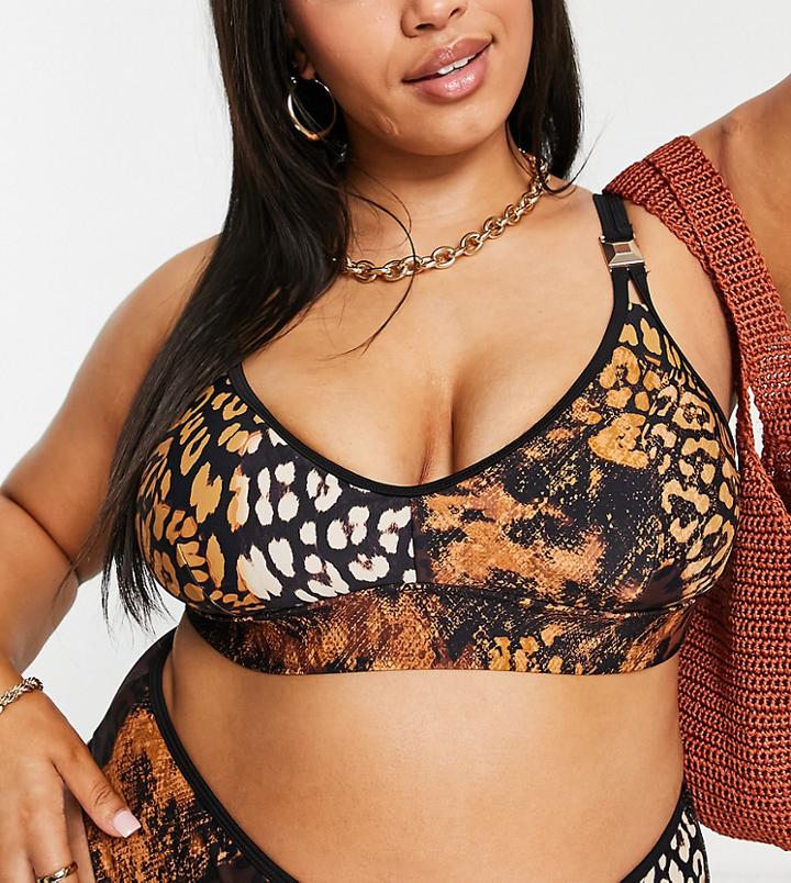 River Island Plus Mixed Animal Print Triangle Bikini Top In Brown-black