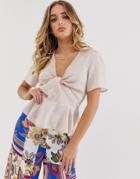 Missguided Twist Front Peplum Blouse In Pink - Multi