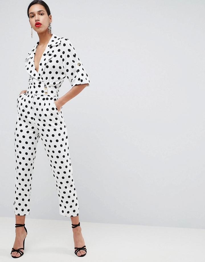 Asos Soft Tux Jumpsuit In Polka Dot-multi