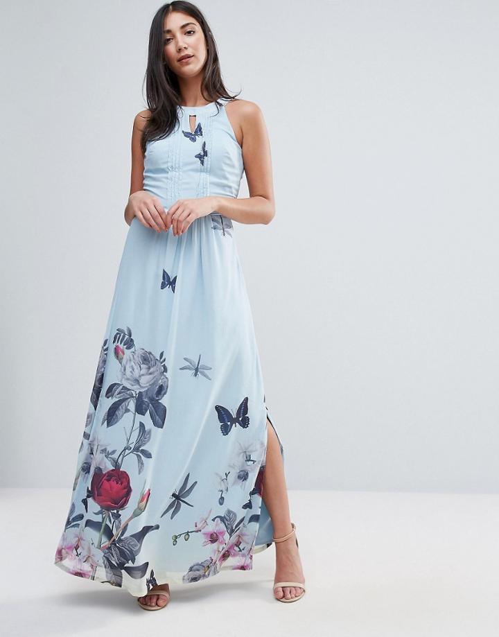 Uttam Boutique Maxi Dress With Pleated Neckline In Floral Print - Blue