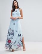 Uttam Boutique Maxi Dress With Pleated Neckline In Floral Print - Blue