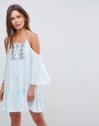 En Creme Cold Shoulder Midi Dress With Embroiderry And Tie Strings - Blue