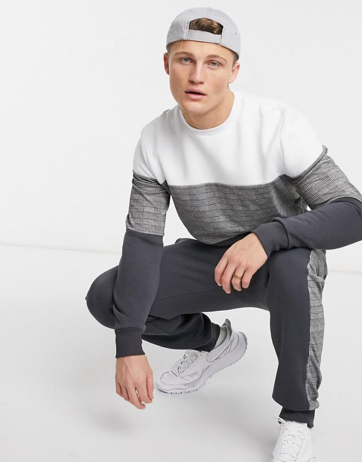 River Island Check Color Block Sweat In White And Gray