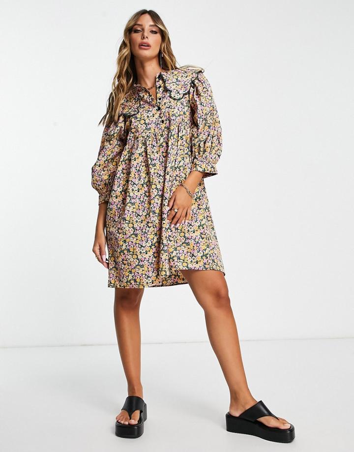 Vila Scallop Collar Mini Shirt Dress In Bright Floral-multi