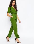 Motel Croft Military Jumpsuit With Plunge Neck - Moss Green