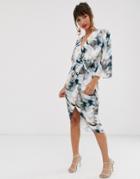 Asos Design Satin Kimono Midi Dress With Knot Front And Asymmetric Sleeve In Abstract Print