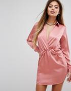 Prettylittlething Twist Front Satin Shirt Dress - Pink