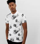 Asos Design Tall Polo With All Over Floral Print - White