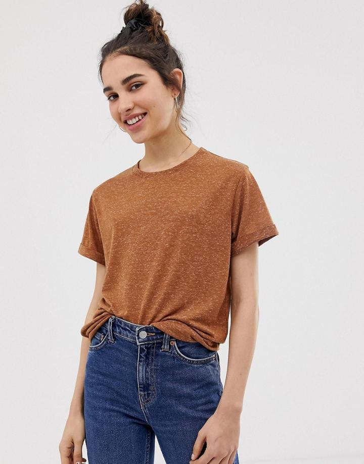 Asos Design T-shirt With Roll Sleeve In Linen In Brown - Brown