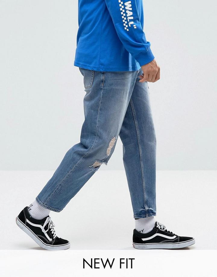 Asos Skater Jeans In Mid Wash Blue With Abrasions - Blue