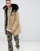 Sixth June Parka Coat In Stone With Black Faux Fur Hood - Stone