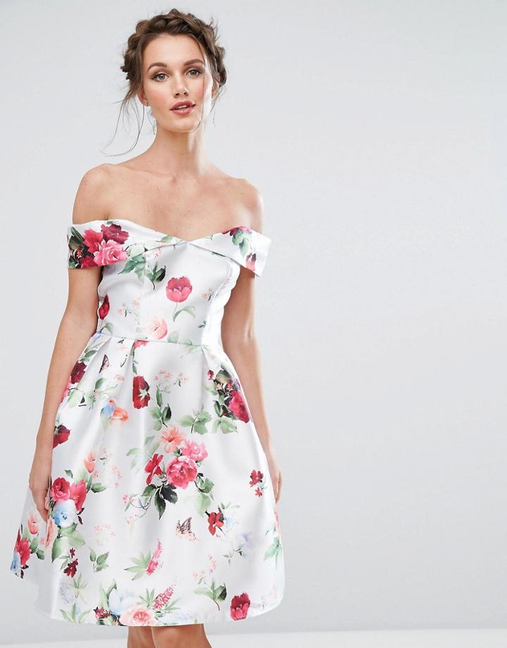 Chi Chi London Bardot Midi Dress In Bright Floral Print - Multi