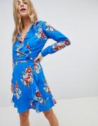 Asos Ruffle Wrap Mini Dress In Blue Floral Print - Multi