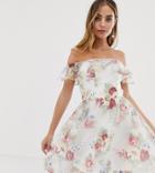 Chi Chi London Petite Bardot Overlay Floral Dress With Frill In Cream-multi