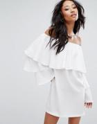 Prettylittlething Bardot Layered Frill Shift Dress - White