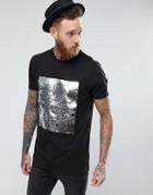 Asos Longline T-shirt With Sequin Front Panel - Black
