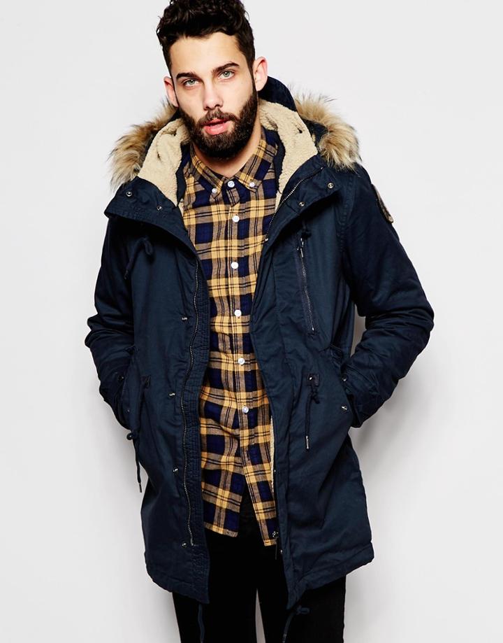 Schott Parka With Fleece Lined Hood & Faux Fur Collar - Navy