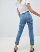 Asos Design Farleigh High Waisted Slim Mom Jeans In Light Stone Wash With Bum Rips-blue