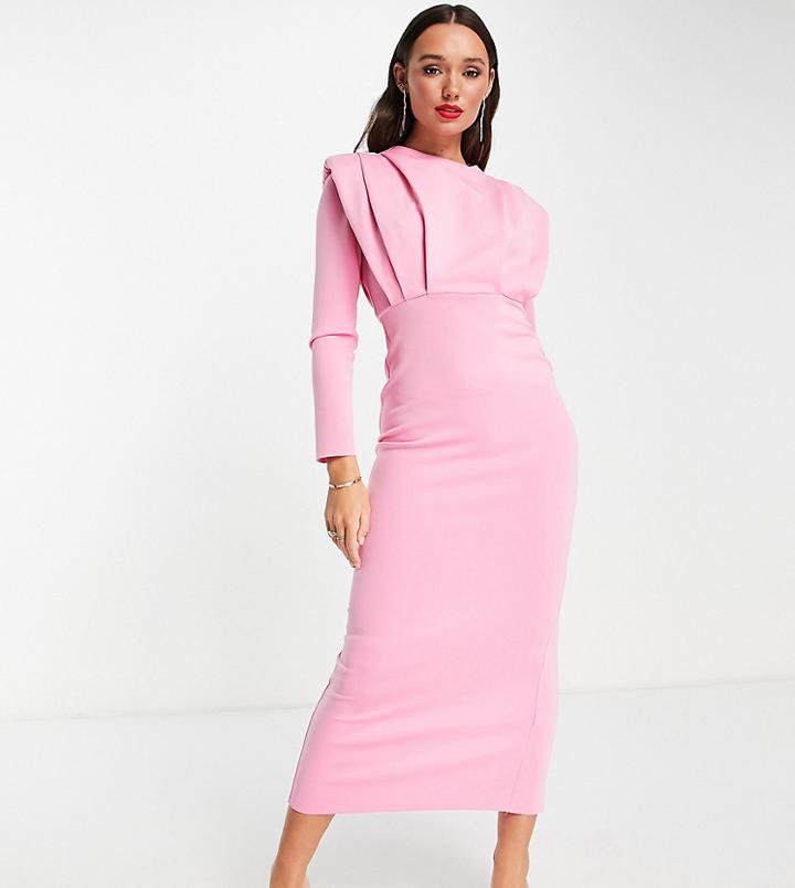 Asos Design High Neck Long Sleeve Pleat Midi Dress In Hot Pink