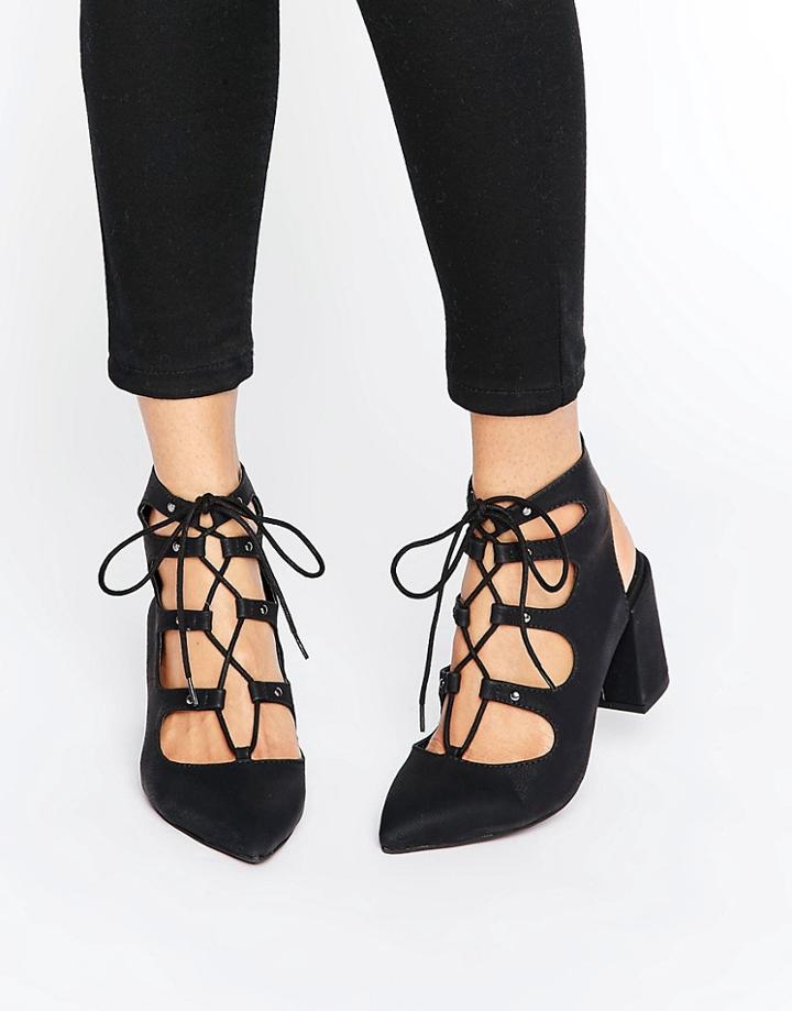 London Rebel Ghillie Point Kitten Heel Shoes - Black