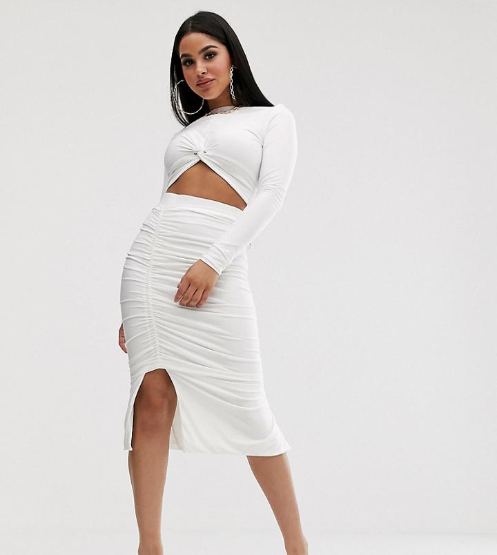 Club L London Petite Ruched Midi Skirt In White