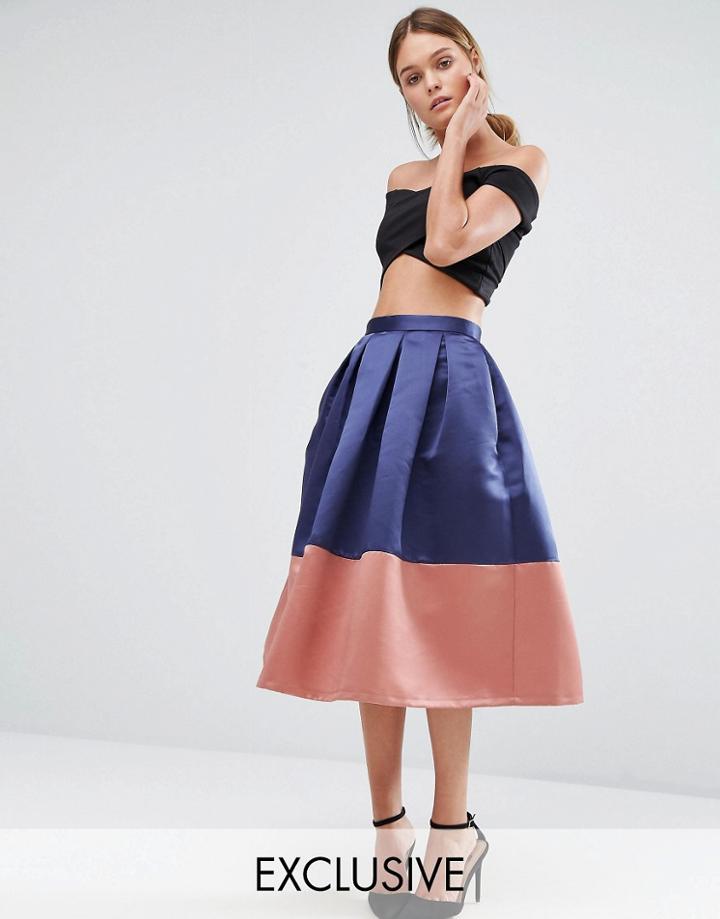 Closet Midi Prom Skirt With Contrast Panel - Navy