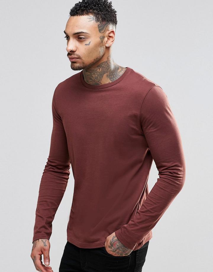Asos Long Sleeve T-shirt With Crew Neck In Rust - Brown