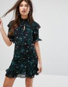 Fashion Union High Neck Tea Dress With Ruffle Sleeves In Dark Floral - Multi