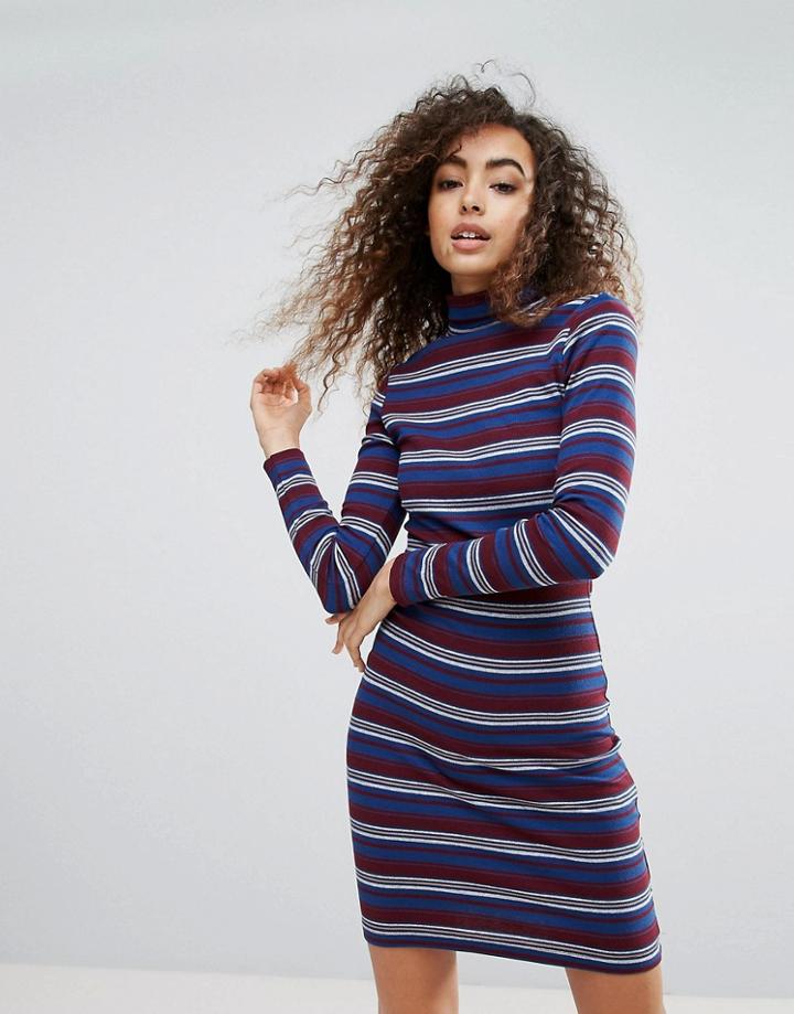 Brave Soul Sabrina Roll Neck Dress In Stripe Rib - Red