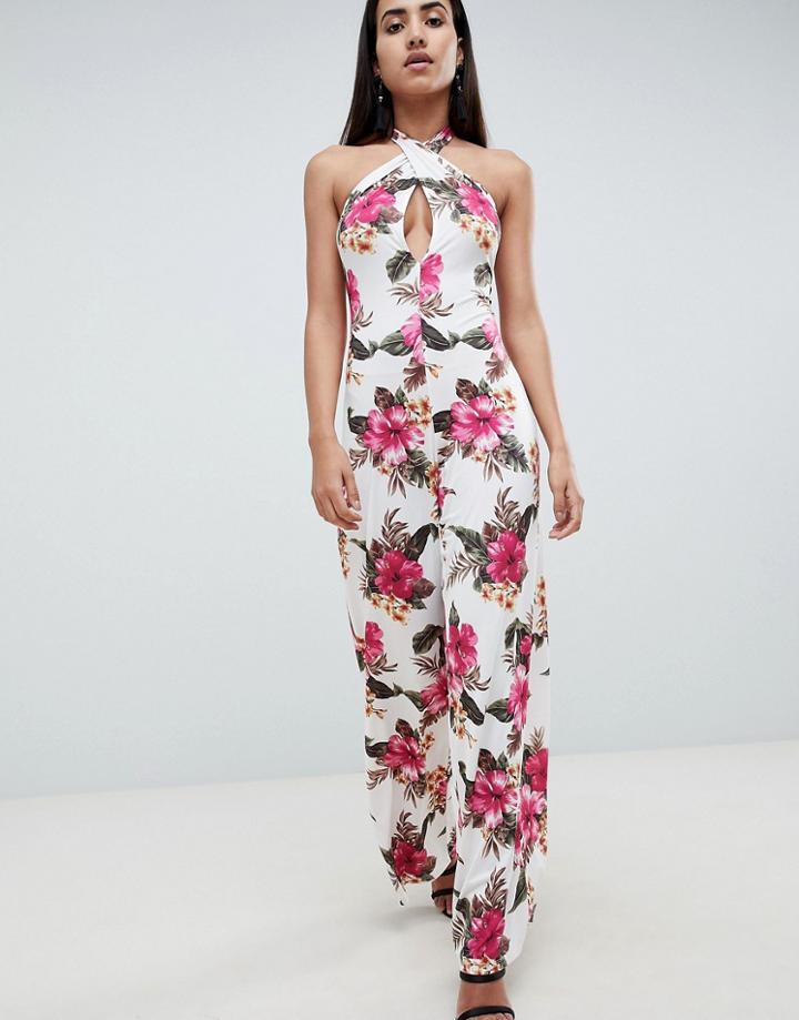Asos Design Cross Front Jersey Jumpsuit In Hawaiian Print - Multi