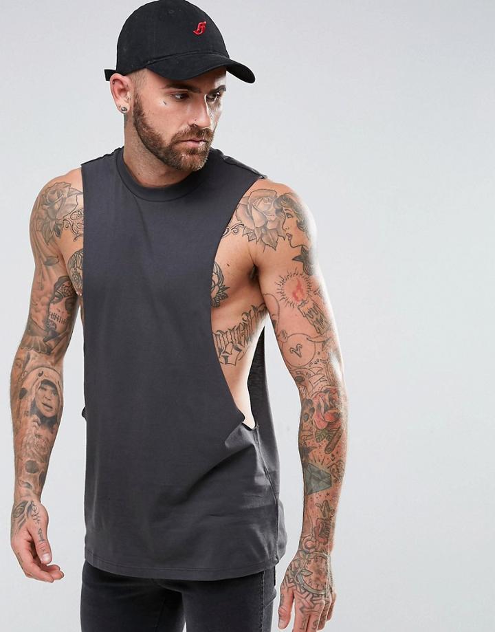 Asos Sleeveless Longline T-shirt With Dropped Armhole In Black - Black