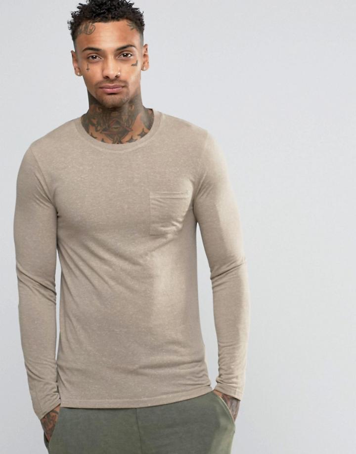 Asos Linen Mix Muscle Long Sleeve T-shirt With Pocket In Beige - Beige
