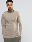 Asos Linen Mix Muscle Long Sleeve T-shirt With Pocket In Beige - Beige