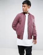 Asos Relaxed Bomber Jacket With Quilt Detail In Washed Burgundy - Red