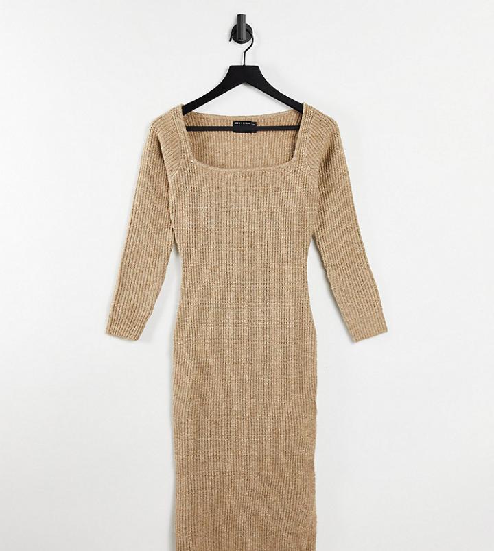 Asos Design Petite Ribbed Midi Dress With Square Neck In Taupe-neutral