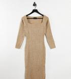 Asos Design Petite Ribbed Midi Dress With Square Neck In Taupe-neutral